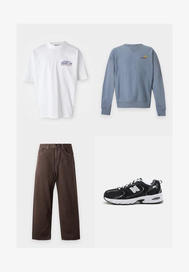 Sweat-shirt bleu clair à manches longues avec col rond, poignets et bas côtelés, avec petit logo Carhartt jaune et rouge sur la poitrine gauche.; T-shirt en coton blanc à manches courtes, col rond, avec un logo imprimé en bleu et rouge sur le côté gauche de l'avant.; Pantalons larges marron en coton, avec un design classique à cinq poches, une fermeture éclair et des détails de couture visibles.; Baskets de sport noires et grises avec un tige en mesh et en suède, présentant une semelle intermédiaire blanche, des lacets et un logo "N" audacieux sur le côté.