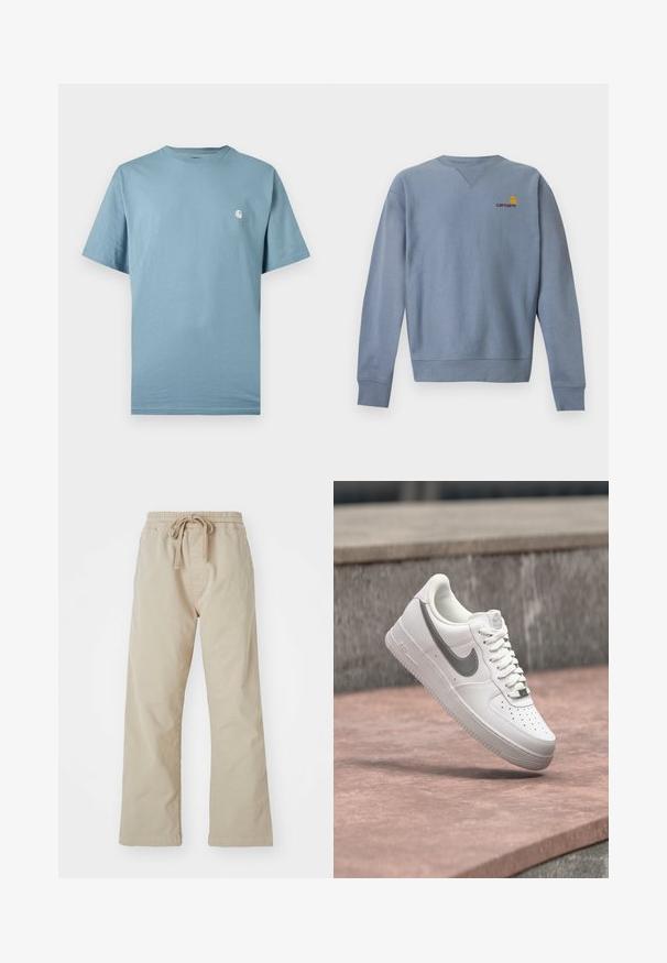 Hellblaues Sweatshirt mit Rundhalsausschnitt und langen Ärmeln, mit gerippten Bündchen an Ärmeln und Saum, mit kleinem gelben und rotem Carhartt-Logo auf der linken Brust.; Hellblaues T-Shirt mit kurzen Ärmeln und Rundhalsausschnitt sowie einem kleinen weißen Logo auf der linken Brust, präsentiert vor einem schlichten Hintergrund.; Beige Baumwollhose mit elastischem Bund und Kordelzug. Gerade Beinform, glatte Textur und keine sichtbaren Muster oder Akzente.; Weißer Nike Air Force 1 Sneaker mit grauem Swoosh-Logo, der über einer Steinoberfläche und einem grauen Steinwandhintergrund schwebt.