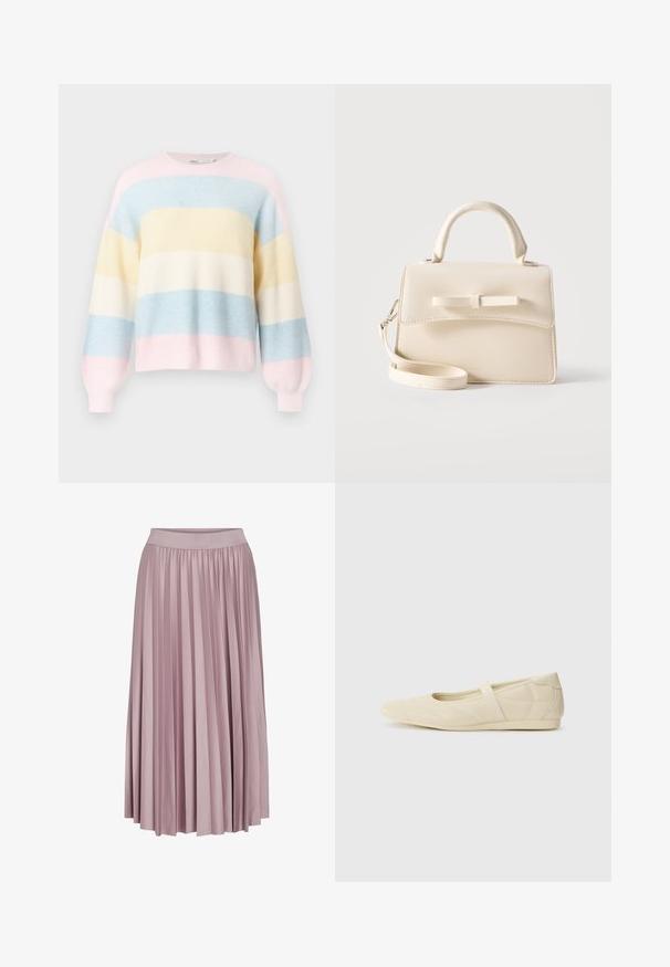 Suéter de suave tejido de punto, con rayas horizontales en tonos pastel de rosa, azul, amarillo y crema. Mangas anchas y cuello redondo.; Falda larga con pliegues en suave tela rosa, que presenta una cintura elástica. La textura suave y el diseño fluido realzan su forma general.; Bailarinas beige con un exterior de cuero liso, punta en forma de almendra y una correa elástica en el empeine, con detalles de costura sutiles.; Pequeño bolso beige con asa superior, correa desmontable, solapa frontal y lazo decorativo horizontal sobre un fondo liso.