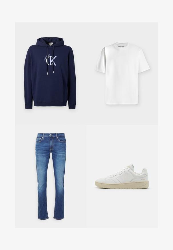 Tmavomodrá mikina s kapucňou, predným vreckom a šnúrkami, s bielym logom Calvin Klein potlačeným na hrudi. Tkanina zo zmesi bavlny.; Jednoduché biele tričko s krátkym rukávom a okrúhlym výstrihom položené na rovnej ploche na svetlosivom pozadí s malou značkovou nálepkou vo výstrihu.; Modré riflové nohavice s vyblednutými efektmi, zapínanie vpredu na gombík a zips a päťvreckový štýl na jednofarebnom bielom pozadí.; Biele kožené tenisky s textúrovaným povrchom a polstrovaným golierom. Majú béžovú gumovú podrážku a diskrétne značenie na päte a boku.