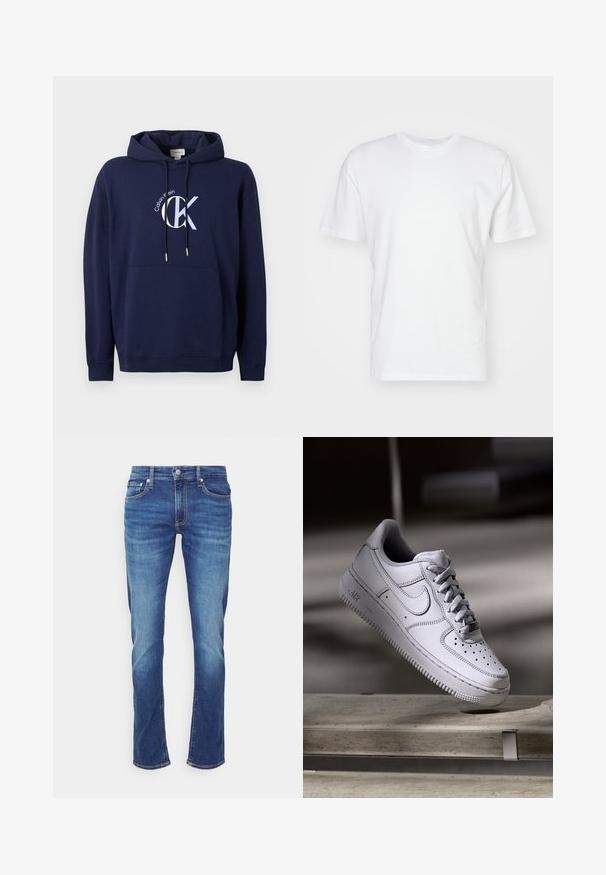Marineblauer Hoodie mit einer Fronttasche, Kordelzug an der Kapuze und einem weißen Calvin Klein Logo auf der Brust. Baumwollmischgewebe.; Weißes Baumwoll-T-Shirt mit kurzen Ärmeln, Rundhalsausschnitt und glatter Textur. Einfaches Design ohne Muster oder Grafiken.; Blaue Denim-Jeans mit ausgewaschenen Effekten, Frontknopf- und Reißverschluss sowie Fünf-Taschen-Design vor weißem Hintergrund.; Weißer Nike Air Force 1 Sneaker aus Leder mit perforierter Zehenpartie, flachen Schnürsenkeln und strukturierter Gummisohle mit "AIR"-Branding an der Seite.