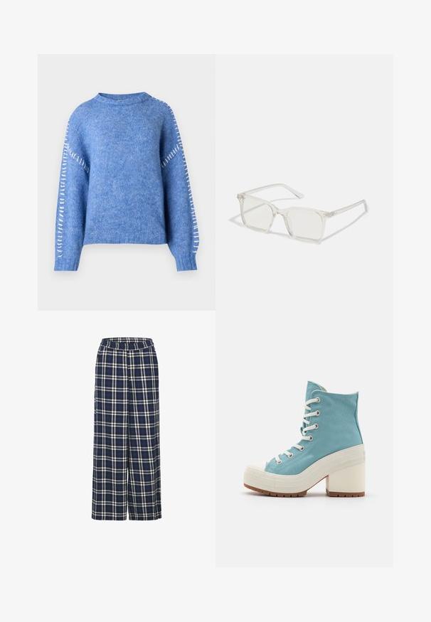 Blauwe gebreide trui met een ronde halslijn, raglanmouwen en witte stiksels langs de bovenarmnaad. Zachte textuur.; Wijd uitlopende broek in een navyblauw ruitpatroon met witte en zwarte lijnen. Beschikt over een elastische tailleband en een zachte stofstructuur.; Lichtblauwe canvas hoge sneakers met witte veters, rubberen neuskap en een stevige witte hak. Textuurzool voor grip.; Heldere plastic vierkante monturen met doorzichtige glazen, gekenmerkt door gouden accenten op de slapen voor extra detail.