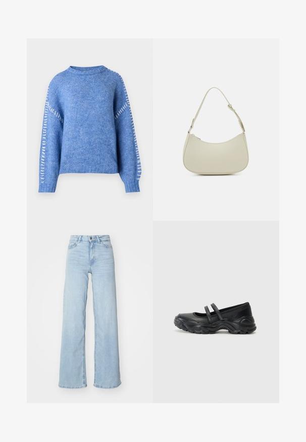 Blå strikket sweater med rund halsudskæring, raglanærmer og hvide syindsatser langs sømmen på overarmen. Blød tekstur.; Lysblå brede jeans lavet af denim. Har høj talje, frontlukning med knapper og to lommer. Glat tekstur med subtilt falmede områder.; Sorte læder mary jane flade sko med to justerbare remme, en rund tå og en struktureret gummisål for ekstra greb.; Pieces PCALUANA SHOULDER BAG - Håndtasker - birch