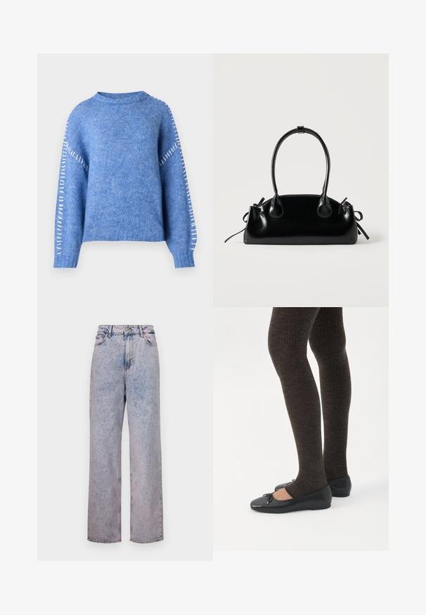 Blå strikket sweater med rund halsudskæring, raglanærmer og hvide syindsatser langs sømmen på overarmen. Blød tekstur.; Lyseblå denimbukser med en afslappet, lige skæring, der har høj talje, fem-lomme design og bronze knapdetaljer.; Ben iført mørke ribbede leggings kombineret med sorte balletsko med små sløjfedetaljer på hvid baggrund.; Lille sort blank håndtaske med to lange håndtag og snøre-detaljer i siden på en ensfarvet lys baggrund.