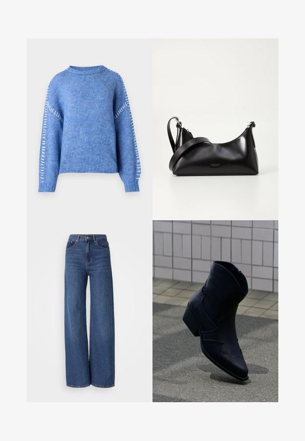 Pull en tricot bleu avec un col rond, des manches raglan et des accents de couture blanche le long de la couture supérieure du bras. Texture douce.; Jean taille haute, à jambes larges en denim bleu foncé. Comprend cinq poches, des passants de ceinture et une texture délavée avec des coutures contrastantes.; Bottine en cuir noir avec un petit talon, couture décorative et bout pointu, positionnée debout sur une surface pavée à côté d’un mur carrelé.; Sac à main en cuir noir avec une texture lisse. Dispose d'une bandoulière adjustable et d'un design élégant et minimaliste avec une fermeture éclair.