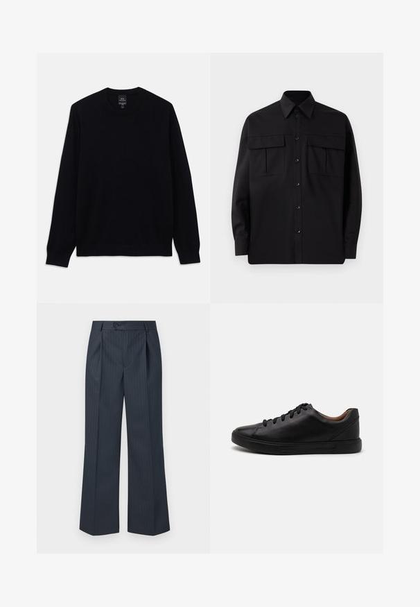 Zwarte lange mouwen crewneck trui met geribbelde manchetten en zoom, Armani Exchange-label zichtbaar aan de binnenkant van de kraag.; Zwarte langemouwen shirt met een klassieke kraag, twee borstzakken en knoopsluiting. Gemaakt van een gladde stof met een iets relaxte pasvorm.; Navy gestreepte wijde broek met voorplooien, enkele knoopsluiting en gladde stof. Kenmerkt zich door verticale groene streepjes voor detail.; Zwarte leren sneakers met een gladde afwerking, ronde neus en zes oogjes voor veterafsluiting; voorzien van een zwarte rubberen zool voor grip.
