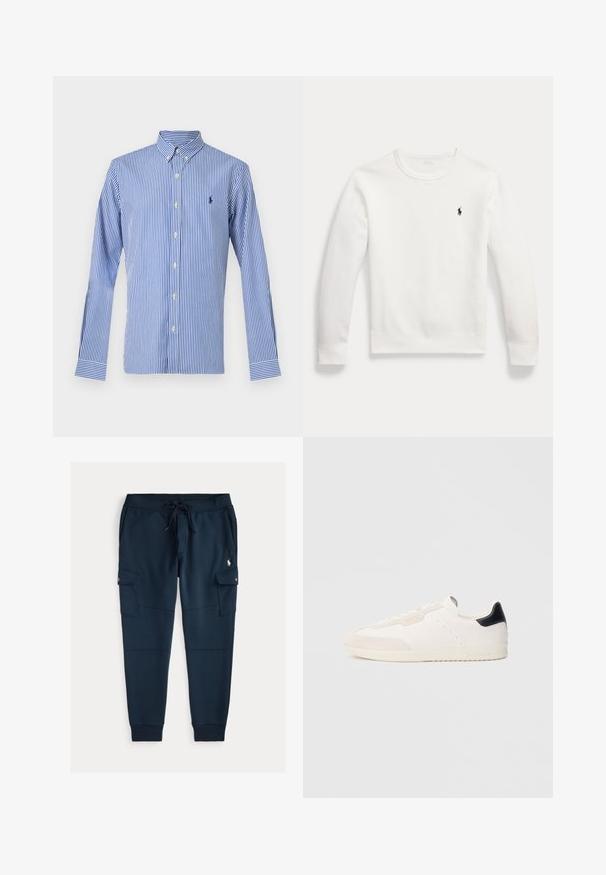 Witte trui met lange mouwen en ronde hals, met een klein zwart geborduurd Polo Ralph Lauren-logo op de linkerborst.; Blauw-wit verticaal gestreept overhemd met lange mouwen, knopen en een knoopkraag, met een klein marineblauw geborduurd logo op de linkerborst.; Marineblauwe cargobroeken van zachte stof, met een trekkoord in de taille, zijzakken en een klein logo aan de voorkant.; Witte leren sneakers met suède accenten, voorzien van een zwarte hielrand, vetersluiting, geperforeerde details en subtiele merkopdruk aan de zijkant.