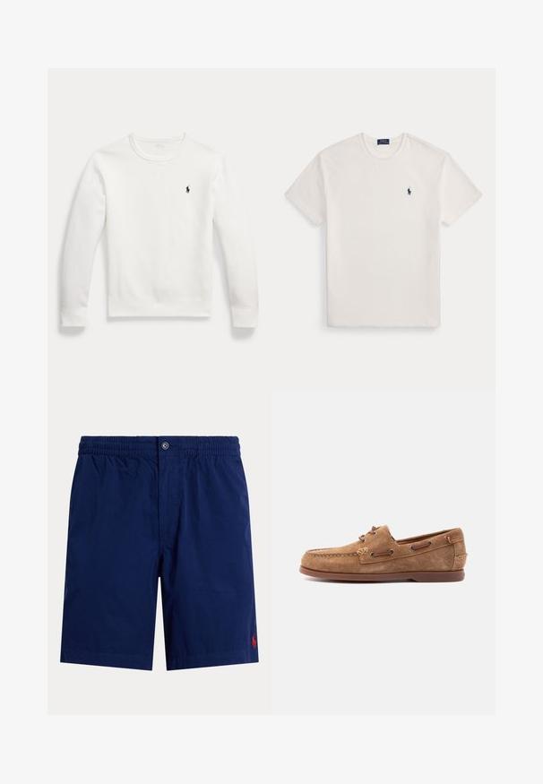 Sweat-shirt blanc à manches longues avec col rond et petit logo noir brodé Polo Ralph Lauren sur la poitrine gauche.; T-shirt blanc à manches courtes avec col rond et petit logo joueur de polo bleu marine sur la poitrine gauche.; Shorts homme bleu marine avec taille élastique, fermeture par bouton et petit logo rouge brodé sur le bas de la jambe droite.; Mocassin en daim marron avec détails en lacet de cuir, pointe cousue et semelle en caoutchouc plate, présenté de profil sur un fond clair.