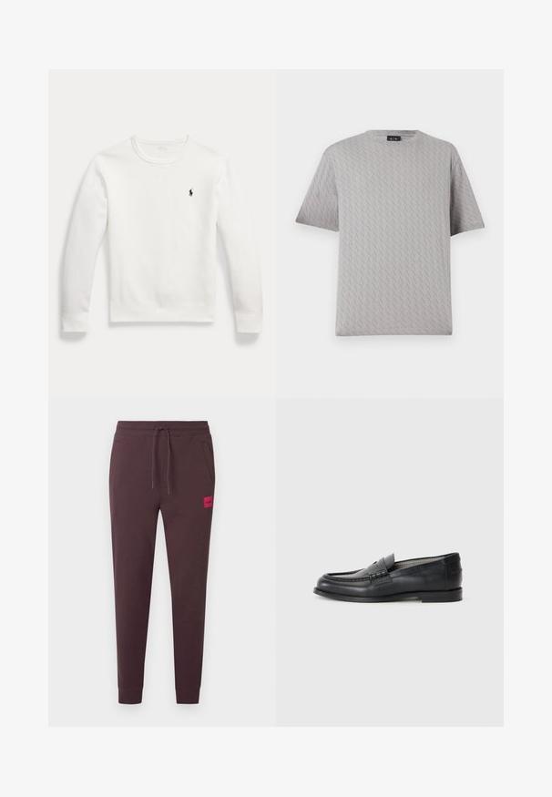 Weißes Langarm-Sweatshirt mit Rundhalsausschnitt und einem kleinen schwarzen gestickten Polo Ralph Lauren-Logo auf der linken Brustseite.; Graues Kurzarm-T-Shirt mit Rundhalsausschnitt und dezentem, diagonalen wiederholendem "A|X"-Logo-Muster.; Dunkelbraune Jogginghose mit Kordelzug am Bund, zulaufenden Beinen, Seitentaschen und einem kleinen roten Logopatch auf der Vorderseite. Weicher, glatter Stoff.; Schwarze Lederloafers mit glatter Oberfläche, abgerundeter Spitze, dekorativem Riemen und minimalistischer Gestaltung. Verfügt über einen niedrigen Blockabsatz.