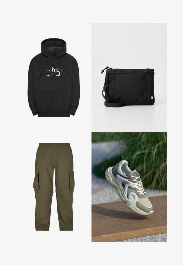 Dropsize LACK PRINT LOGO - Jersey con capucha - black; Pantalones cargo verde oliva hechos de tejido ligero, con varios bolsillos laterales, una cintura elástica y un diseño de corte recto.; Zapatilla gris y blanca con parte superior de malla, lengüeta acolchada, detalles texturizados y suela de goma gruesa, suspendida sobre una superficie de madera.; Bolsa de hombro de tela negra con exterior texturizado, correa ajustable y cierre de cordón. Presenta costuras llamativas y una etiqueta lateral.