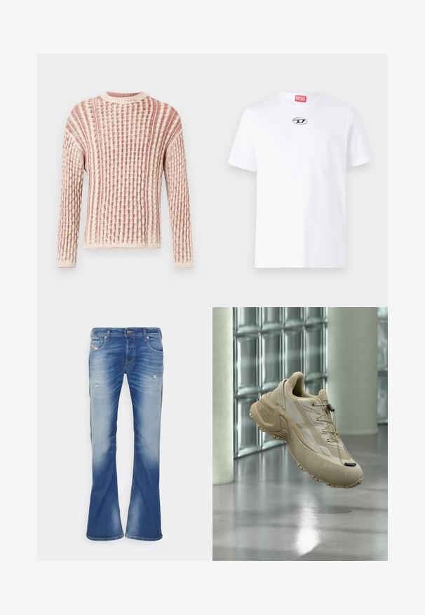 Strukturierter Pullover in sanften Rosa- und Cremetönen, mit einem Rippmuster, Rundhalsausschnitt und langen Ärmeln.; Weißes Baumwoll-T-Shirt mit kurzen Ärmeln, runder Halslinie und einem silbernen Diesel-Logopatch auf der Brust. Einfaches Design, einfarbig.; Blaue, ausgebleichte Bootcut-Jeans mit leichter Abnutzung an den Vorderseiten der Oberschenkel und klassischem Fünf-Taschen-Design auf weißem Hintergrund.; Beiger Diesel-Sneaker mit dicker Sohle und Kordelzug-System, der innen vor einer Glassteinwand und einem polierten Boden schwebt.