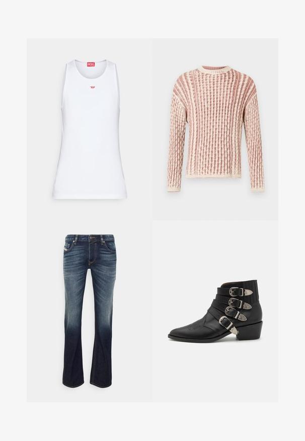 Strikket trøje med tekstur i bløde nuancer af pink og creme, med ribbet mønster, rund halsudskæring og lange ærmer.; Hvid ærmeløs tanktop lavet af glat stof. Har en rund halsudskæring og et lille rødt "D" logo i midten.; Mørkeblå denim jeans med let falmning. Standard fem-lomme design, syning detaljer og metal knap lukning.; Sorte læder ankelstøvle med fire dekorative sølv spænder, spids tå og en stablet hæl med ribbede detaljer ved kanten.