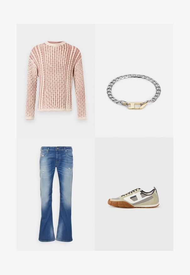 Suéter texturizado en suaves tonos de rosa y crema, con un patrón acanalado, cuello redondo y mangas largas.; Vaqueros bootcut desgastados en azul con ligero desgarro en los muslos delanteros y diseño clásico de cinco bolsillos sobre fondo blanco.; Zapatillas deportivas con una parte superior beige con acentos en gris y blanco, ante texturizado y suela de goma con patrón. Incluyen cordones marrones y una lengüeta para tirar.; Pulsera de cadena de metal plateado con un cierre de oro pulido, que presenta un diseño de eslabones gruesos y texturas suaves en la superficie.