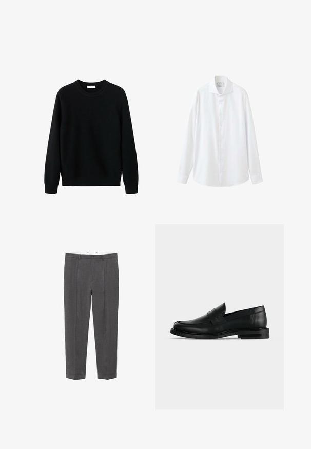 Sort strikket sweater med rund halsudskæring, ribbede ærmegab og kant. Teksturen har et diskret mønster, der giver et hyggeligt udseende.; Hvid langærmet skjorte med knapper, spidst krave og manchetter, vist på en hvid baggrund.; Mørkegrå skræddersyede bukser med bæltestropper, knaplukning, forkantfold og opsmøgte kanter, vist fladt mod en hvid baggrund.; Sort læder herre penny loafer med lav stablet hæl og rundet tå vist fra siden på lys grå baggrund.
