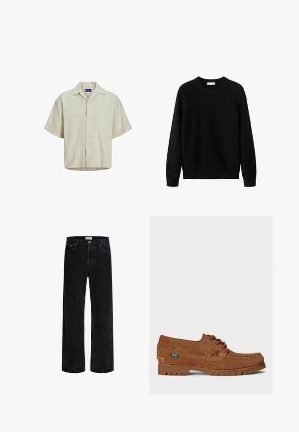 Sort strikket sweater med rund halsudskæring, ribbede ærmegab og kant. Teksturen har et diskret mønster, der giver et hyggeligt udseende.; Kortærmet skjorte i beige linned med knaplukning foran, med øje-detail langs center og ærmekanter. Lige kant.; Sorte, højtaljede denimjeans med lige ben, frontknap og lommer, vist på hvid baggrund.; Brune ruskinds bådsko med snørelukning, moc toe-syninger, gummisål og "Polo"-label på siden.