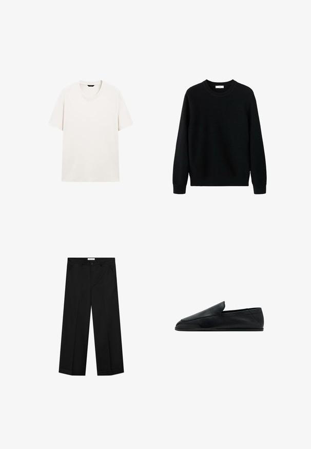 Sort strikket sweater med rund halsudskæring, ribbede ærmegab og kant. Teksturen har et diskret mønster, der giver et hyggeligt udseende.; Lys hvid kortærmet t-shirt med rund hals, vist fladt med synlig halslabel mod en hvid baggrund.; Sorte bukser med vide ben lavet af et glat materiale, med forlommer, knaplåsning og en presset rille ned langs hvert ben.; Sort læder slip-on loafer med lav hæl og rund tå, vist fra siden på hvid baggrund.