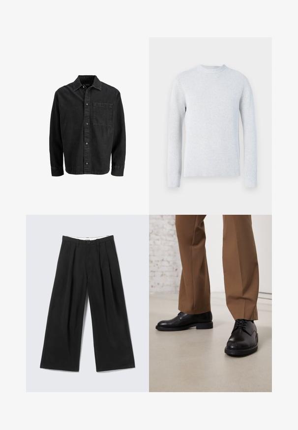 Pull en maille gris clair à manches longues avec col rond et poignets et bas en bord-côte, présenté sur fond blanc.; Veste en denim noir avec une coupe droite, fermeture à boutons, col pointu et une poche poitrine unique. Présente un tissu texturé et des coutures visibles.; Pantalon noir à jambes larges avec plis, passants pour ceinture et fermeture par bouton, présenté sur un fond gris clair.; Chaussures en cuir noir avec une surface lisse et un bout arrondi, dotées d'un système de laçage et d'une semelle plate et basse. Associées à un pantalon marron.