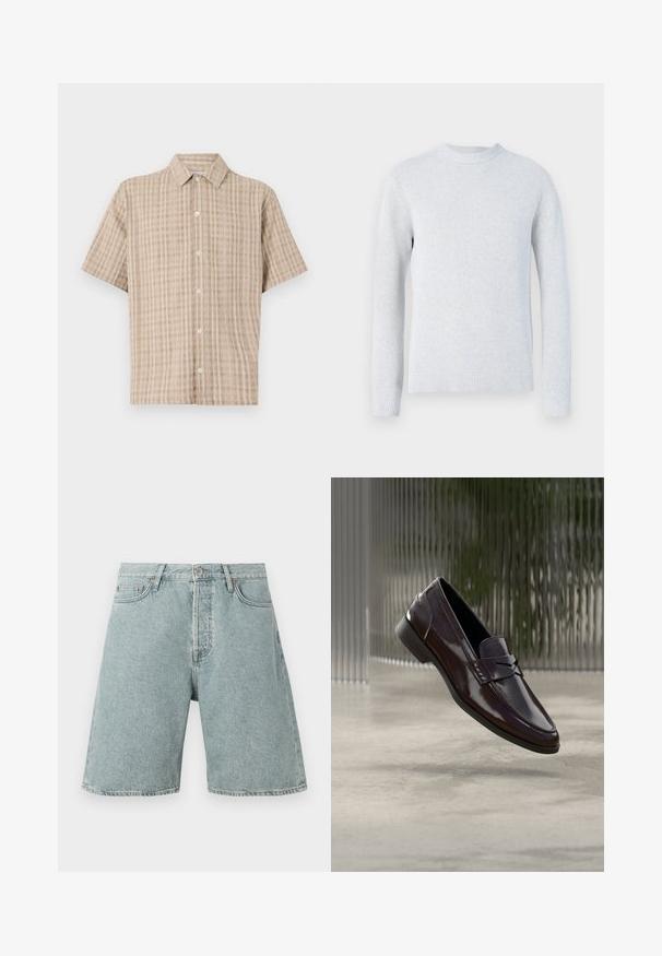 Pull en maille gris clair à manches longues avec col rond et poignets et bas en bord-côte, présenté sur fond blanc.; Chemise à manches courtes, avec col, de couleur beige et à motif carreaux. Fabriquée en tissu texturé, avec un devant à boutons et une coupe décontractée.; Shorts en denim bleu clair avec une coupe décontractée, cinq poches et une fermeture à bouton. Texture déchirée avec des détails de couture visibles.; Mocassins en cuir marron à finition brillante, avec une couture surélevée et un petit détail découpé à l'avant, ainsi qu'une semelle basse noire.