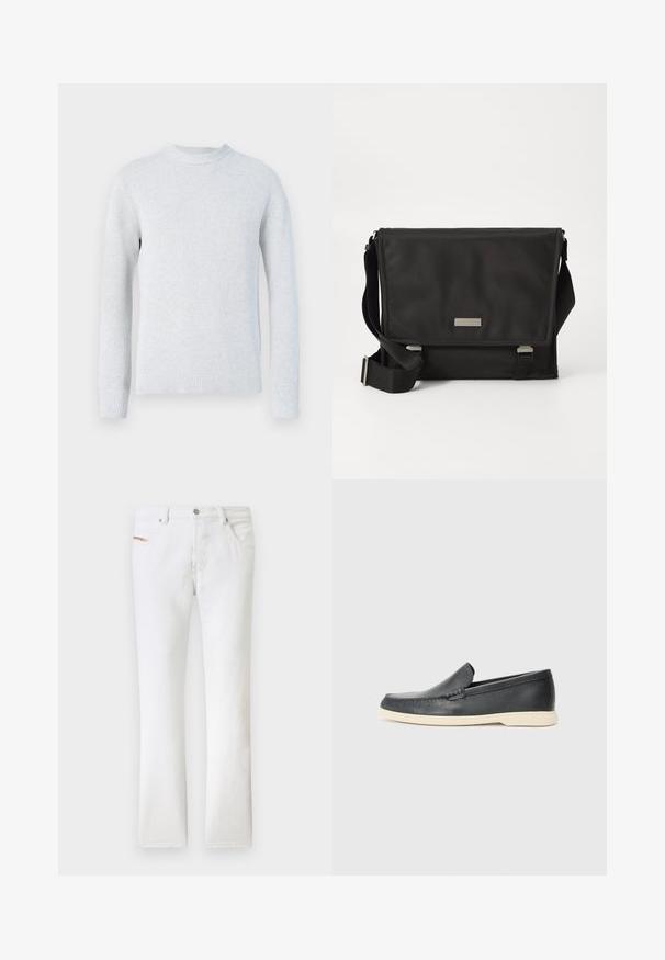 Pull en maille gris clair à manches longues avec col rond et poignets et bas en bord-côte, présenté sur fond blanc.; Jean blanc à jambes droites avec poches avant et arrière, passants pour ceinture, et fermeture par bouton métallique à la taille.; Mocassin noir en cuir à enfiler avec semelle beige, positionné en suspension près d'un porte-revues en fil métallique sur un sol en terrazzo.; Sac messager noir en nylon avec une finition mate. Il dispose d'une fermeture à rabat, d'une sangle réglable et d'une petite plaque en métal avec logo.