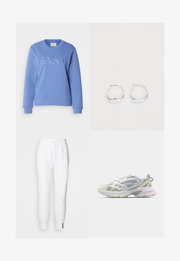 Blauer Sweatshirt aus Baumwolle mit Rundhalsausschnitt, langenärmeln und gerippten Bündchen. Verziert mit gesticktem "GANT" und "NEW HAVEN" Schriftzug.; Weiße Jogginghose mit elastischem Bund und Kordelzug, mit seitlichen Taschen und gerippten Bündchen. Weicher Stoff mit gesticktem Logodetail.; Mesh-Sportschuh in Grau und Creme, mit strukturiertem Obermaterial, verstärkter Spitze und einer hellen, robusten Laufsohle für besseren Halt.; Silberne Creolen mit glänzender Oberfläche und DKNY-Logo, vor einem schlichten weißen Hintergrund präsentiert.