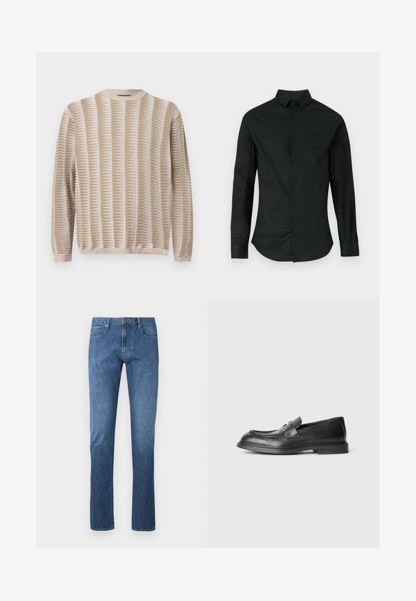 Beige and white patterned long-sleeve knit sweater with crew neck and ribbed cuffs and hem displayed on a plain background.; Long-sleeve black shirt made of smooth fabric, featuring a button-up front, classic collar, and rounded hem with no visible patterns or accents.; Blue denim jeans, straight-leg design, five-pocket style, light fading on front, metal button closure, stitched accents, and classic finish.; Black leather loafers with a textured finish, featuring a decorative front strap and a rounded toe. Rubber sole for durability.