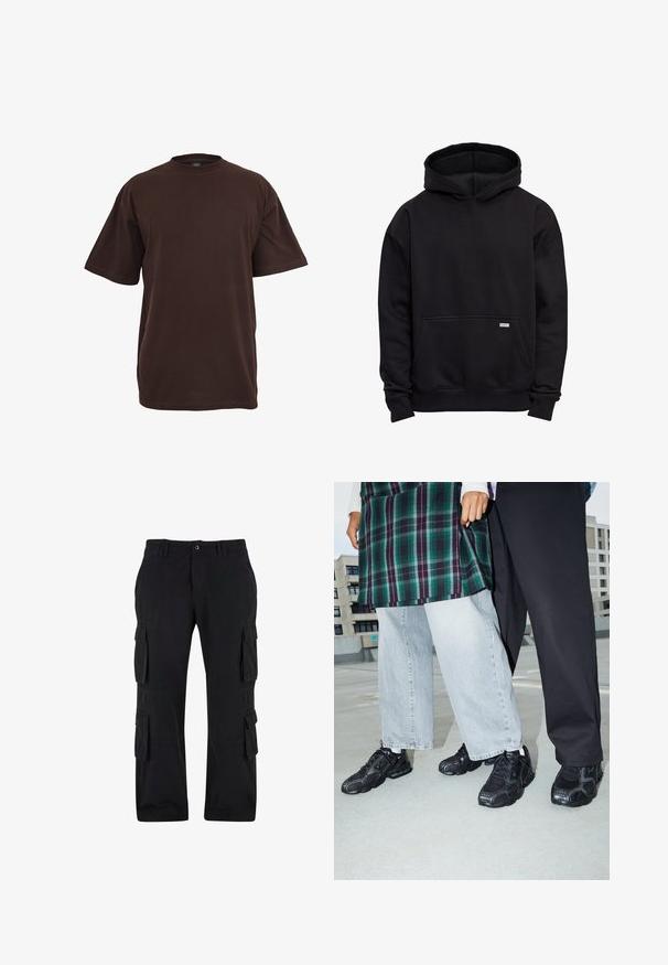 Sort pullover-hoodie med frontkængurulomme samt ribstrikkede manchetter og kant, lagt fladt mod hvid baggrund.; Brun bomulds T-shirt med korte ærmer, rund halsudskæring og en afslappet pasform. Glat tekstur uden synlige mønstre eller accenter.; Sorte cargo bukser lavet af bomuldsstof, med flere sidelommer, en afslappet pasform og lige ben-design.; Sorte atletik sko med mesh- og gummidetaljer. Båret med lysegrå vide jeans og en ternet grøn bluse. Flad overflade i baggrunden.