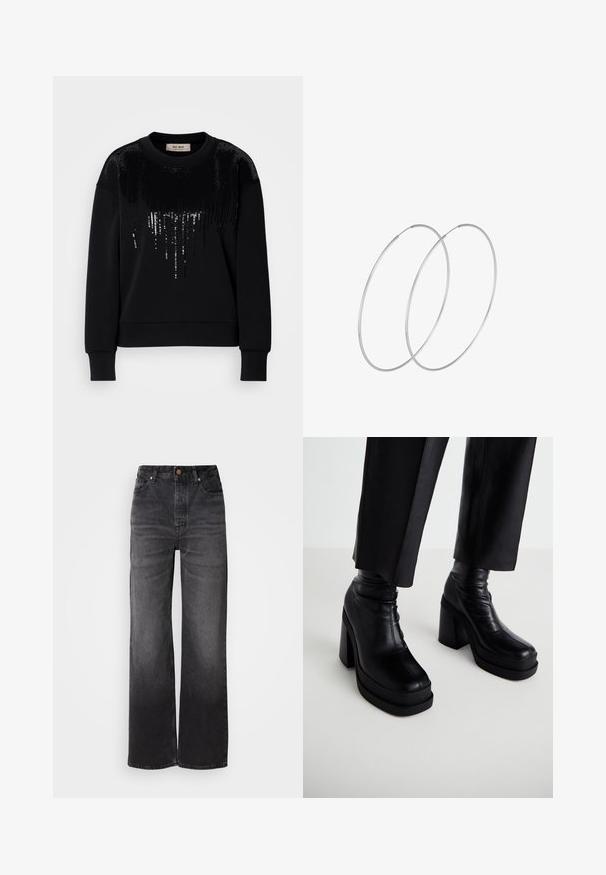 Schwarzes Sweatshirt mit langen Ärmeln und Paillettenverzierung auf der Vorderseite. Weiches Material mit Rundhalsausschnitt und gerippten Bündchen.; Schwarze, ausgestellte Denim-Jeans mit hoher Taille, fünf Taschen, Knopfverschluss und dezentem, verblasstem Muster. Dickes Material mit strukturierter Passform.; Schwarze Leder-Plattform-Stiefeletten mit hohem Blockabsatz und glatter Textur. Merkmale sind eine Nahtverarbeitung und ein enganliegendes Oberdesign.; Silberne Creolen mit minimalistischem Design. Rundform, glatte Oberfläche und dünnes Profil. Leichtgewichtig mit hochglänzender Oberfläche.