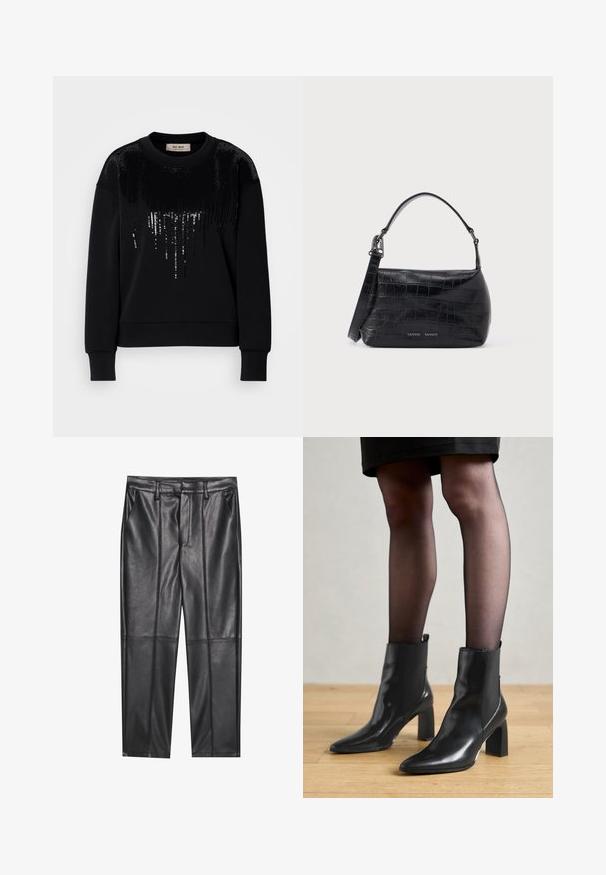 Sort sweatshirt med lange ærmer og palietdetaljer på forsiden. Blødt materiale med rund hals og ribbede manchetter.; Sorte læderbukser med en glat overflade, der har lige pasform, to forlommer og synlige sømdetaljer.; Sorte læderankelstøvler med spids tå, kraftig firkantet hæl og slankt design. Har elastiske sidepaneler for nem påtagning.; Sort skuldertaske i krokodillepræget læder med øverste håndtag og logo trykt på forsiden.