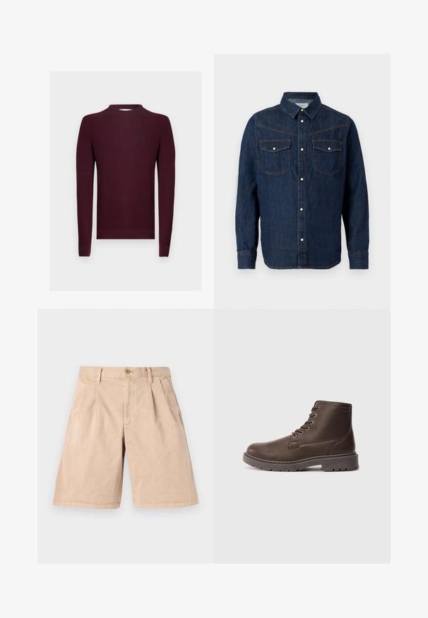Vinrød strikket sweater med lange ærmer, ribbet struktur og rund halsudskæring. Lille logo på venstre bryst.; Mørkeblå denimskjorte med lange ærmer, spids krave, knaplukning foran og to brystlommer med klap og trykknapper.; Beige shorts lavet af bomuld, med en lige pasform, plisseret front, sidelommer og en enkelt knaplukning i taljen.; Brune læder snørebånd ankelstøvle med tyk robust sål og metaløjelet, set fra siden på ensfarvet lys grå baggrund.