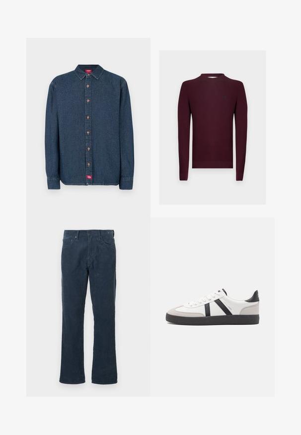 Pull en tricot bordeaux à manches longues, texture côtelée, et encolure ronde. Petit logo sur la poitrine gauche.; Chemise en denim bleu foncé à boutons, avec col pointu, manches longues et boutons en cuivre. Présente une petite étiquette rouge sur le côté gauche.; Pantalons en velours côtelé bleu marine avec une coupe droite, comportant des poches avant, une fermeture à bouton et une texture côtelée subtile.; Baskets blanches avec des accents noirs et gris, présentant un embout texturé gris, une semelle en caoutchouc noir et des lacets plats blancs. Design épuré, style minimaliste.