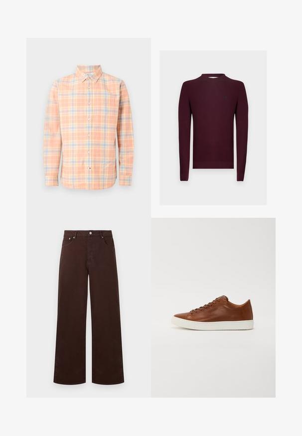 Pull en tricot bordeaux à manches longues, texture côtelée, et encolure ronde. Petit logo sur la poitrine gauche.; Chemise homme à manches longues boutonnée avec motif à carreaux pêche, crème et bleu, et une poche poitrine.; Pantalon droit marron foncé avec poches avant, passants pour ceinture et fermeture par bouton métallique sur un fond uni.; Baskets en cuir brun avec un bout arrondi, semelle en caoutchouc blanc et lignes épurées. Présente une fermeture lacée et un logo discret sur le côté.