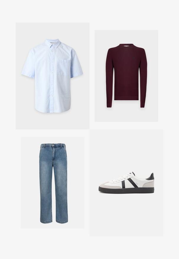 Pull en tricot bordeaux à manches longues, texture côtelée, et encolure ronde. Petit logo sur la poitrine gauche.; Chemise bleu clair à manches courtes avec col et poche poitrine, présentée sur un fond gris clair uni.; Jean en denim bleu à jambes droites, avec bouton frontal, fermeture éclair et passants pour ceinture, sur un fond neutre.; Baskets blanches avec des accents noirs et gris, présentant un embout texturé gris, une semelle en caoutchouc noir et des lacets plats blancs. Design épuré, style minimaliste.