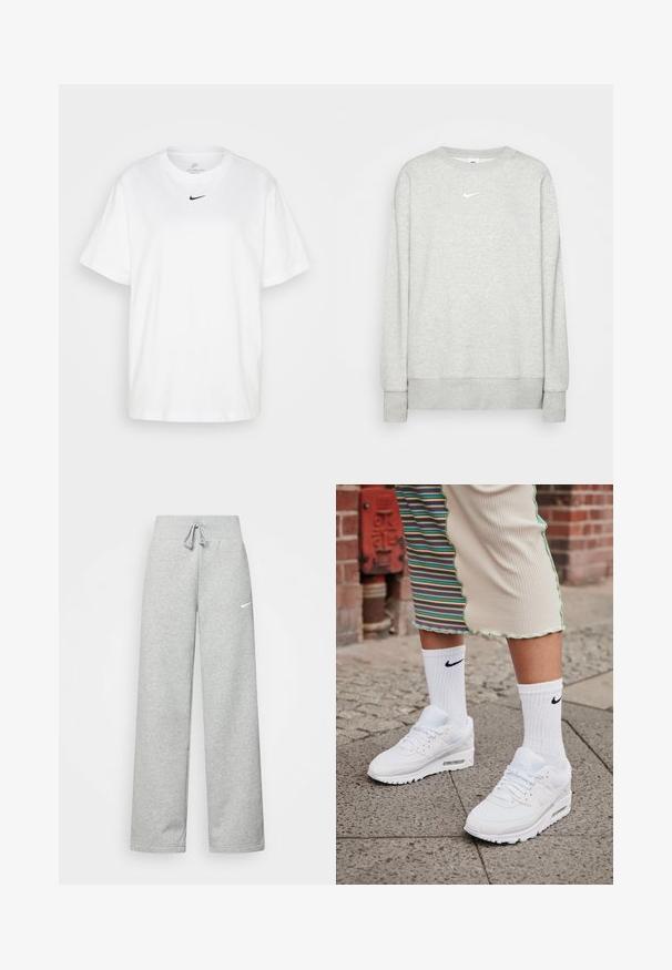 Svetlá šedá mikina s krátkym rukávom vyrobená z mäkkého textilu, s malým bielym logom Nike na hrudi a rebrovými manžetami a lemom.; Biela bavlnená tričko s okrúhlym výstrihom, krátkymi rukávmi a čiernym logom Nike potlačeným na hrudníku. Jednoduchý a klasický dizajn.; Šedé tepláky s elastickým pásom, detailom na šnúrku a malým bielym logom Nike na ľavom stehne. Mäkká tkanina, voľný strih.; Biele tenisky Nike Air Max 90 s vrchnou časťou z kombinácie sieťovaného a koženého materiálu, s viditeľnou vzduchovou jednotkou, v kombinácii s bielymi rebrovanými ponožkami s čiernym logom.