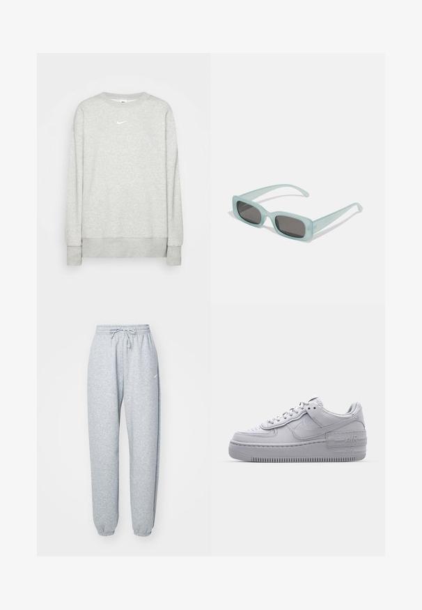 Lys grå crewneck sweatshirt lavet af blød stof, med et lille hvidt Nike-logo på brystet samt ribbede manchetter og kant.; Lysgrå sweatpants lavet af blød bomuldsblanding, med elastisk talje og snoretræk, tapered ben og ribbede manchetter. Minimal brandingdetalje.; Grå Nike Air Force 1 sneakers med perforeret tå, glat læderoverdel, tyk sål og præget 'AIR' detalje på hælen.; Et par rektangulære solbriller med lyseblå gennemsigtige stel og mørkegrå linser, der har lige templer og minimale hardware detaljer.