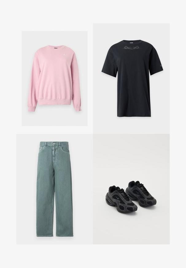 Lyserød langærmet crewneck-sweatshirt med ribbet manchet og kant, med et lille hvidt Jumpman-logo på venstre bryst.; Sort t-shirt med korte ærmer med subtilt mørkegråt dekorativt mønster nær kraven og lille logo på venstre ærme.; Lys grønne brede jeans med knaplukning, fire lommer og subtile syninger, lavet af et glat bomuldsstof.; Sorte Nike sneakers med mesh- og suede-paneler, unikke udsparinger og polstrede kraver. Skinnende accenter på siderne fremhæver et moderne design.