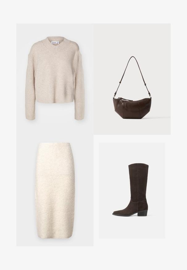 Weekday REESE V NECK - Striktrøje - light mole; Knalang creme nederdel lavet af et tekstureret stof, der har en tætsiddende form med en glat talje og ingen synlige lukninger.; Mørkebrune ruskindsknæstøvler med firkantet tå, glat overflade og en kort stablet hæl, der har et minimalistisk design og rene linjer.; Brun læder skuldertaske med buet bund og justerbar rem mod en ensfarvet lys baggrund.