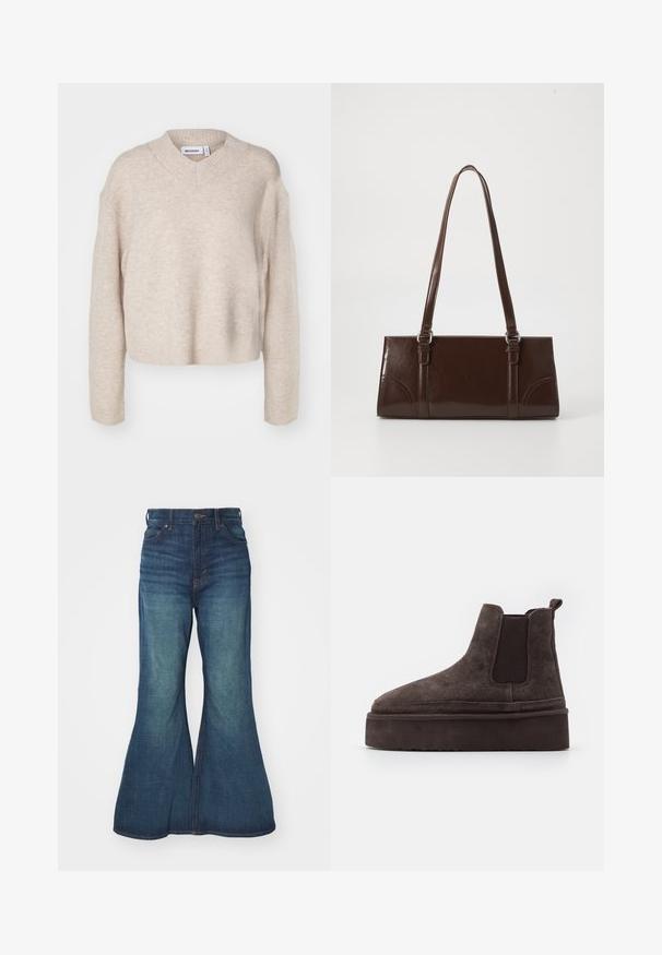 Weekday REESE V NECK - Strickpullover - light mole; Ausgestellte Jeans aus Denim in Mittelblau, mit hoher Taille, fünf Taschen und kontrastierenden Nähten. Glatte Struktur mit leichtem Verblassen.; Braune Wildleder Chelsea-Stiefel mit elastischen Seitenpaneelen und einer dicken, strukturierten Plattformsohle. Mit einem Ziehband an der Ferse für ein einfaches An- und Ausziehen.; Braune Lackleder-Handtasche in rechteckiger Form, mit zwei langen Griffen und subtilen, geschwungenen Akzenten auf der Vorderseite.