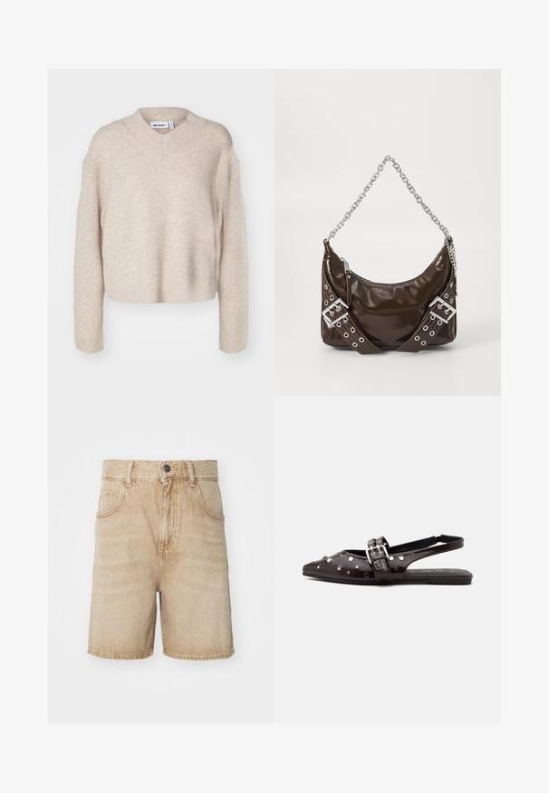 Weekday REESE V NECK - Džemper - light mole; Beige denim lühikesed püksid, millel on kõrge vöökohaga, viis taskut, nööp sulgemine ja kontrastne õmblus, kerge pleekinud tekstuuriga.; Must spitse ninaga slingback-tasapõhjaga king hõbedaste naelte ja topelt pandla detailiga valgel taustal.; Tumepruun patiintnahast käekott hõbedase ketstriidega, dekoratiivsete topeltpandlitega ja lukuga sulgemisega.