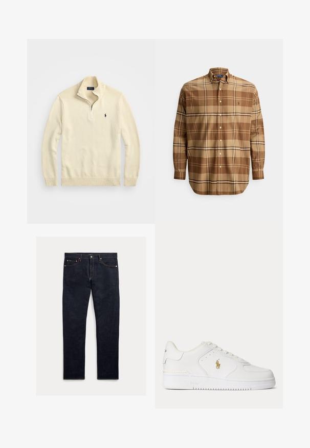 Cremfarbener Reißverschluss-Pullover aus Strickstoff, mit einem gerippten Kragen und Saum sowie einem kleinen, dunkelblauen, gestickten Logo auf der Brust.; Braunes kariertes Hemd mit Button-Down-Kragen, das unterschiedliche Brauntöne und Beige enthält. Mit Knöpfen und einem Logo auf der Brust. Aus Baumwollmaterial.; Dunkle Jeans aus Denim mit geradem Schnitt, fünf Taschen, orangefarbener Naht und Knopfleiste. Das Gewebe hat eine glatte Textur.; Weißer Leder-Sneaker mit niedrigem Schnitt, weißen Schnürsenkeln und einem goldfarbenen Polo Ralph Lauren-Logo an der Seite sowie "Polo" auf der Sohle geprägt.