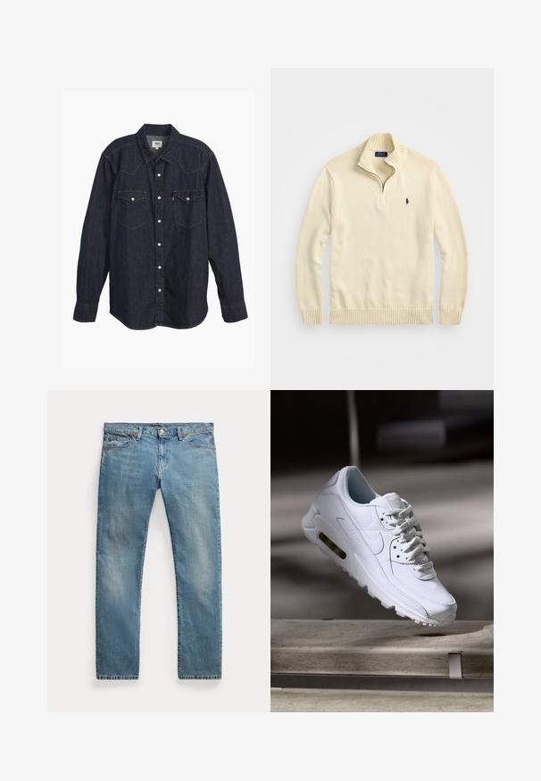 Creme kleurige blazer met ritssluiting, gemaakt van gebreide stof, met een geribde kraag en zoom, en een klein geborduurd logo in donkerblauw op de borst.; Donkerdenim langärmige shirt met puntkraag, twee borstzakken, witte knopen en contrasterende gele stiksels. Glad, stevig stof.; Lichtblauwe straight-leg spijkerbroek met voorkantzakken, riemlussen, knoopsluiting en licht vervaagde details.; Witte leren sneaker met gestructureerde oppervlakken, gevoerde kraag en zichtbare luchtbescherming in de zool. Heeft veters en een minimalistisch ontwerp.