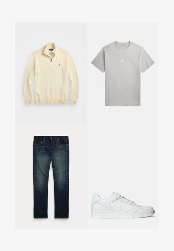 Cremefarvet zip-up sweater lavet af strikket stof, med en ribbet krave og kant, samt et lille broderet logo i mørkeblå på brystet.; Grå bomulds T-shirt med korte ærmer, rund halsudskæring og en lille hvid logo med en hest og "Ralph Lauren" på brystet.; Mørkeblå denimjeans med subtil falming på forreste lår og orange syninger, med knap- og lynlåslukning samt fem lommer.; Hvide lædersneakers med en glat tekstur, der har en perforeret tå, snørebåndslukning og broderet logo på siden. Hvid gummisål.