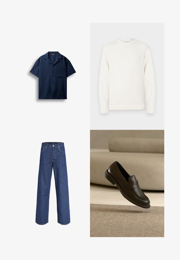Pull blanc en tricot avec col rond, manches longues, poignets et ourlet côtelés, présentant une finition texturée sans ornements supplémentaires.; Chemise bleu marine à manches courtes avec boutons, poche poitrine gauche et col classique, présentée sur fond blanc.; Jean en denim bleu à jambes larges avec fermeture à bouton et à glissière, passants de ceinture et poches avant, présenté sur fond blanc.; Un seul mocassin en cuir brun foncé flottant au-dessus d’un tapis texturé beige, avec un canapé beige flou en arrière-plan.