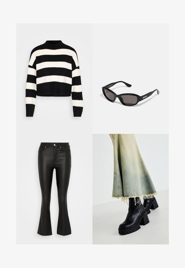 Schwarz-weißer, horizontal gestreifter, langärmliger, gekürzter Pullover mit geripptem hohen Kragen und Bündchen, auf einem hellen Hintergrund präsentiert.; ONLY Petite ONLPAOLA FLARED COATED - Stoffhose - black; Schwarze Leder-Ankle-Boots mit einer groben strukturierten Sohle, kombiniert mit einem verwaschenen Jeansrock mit fransigen Kanten. Reißverschlussdetail an der Seite.; Schwarze Sonnenbrille mit rechteckigem Rahmen, dunklen Gläsern, glattem Kunststoffmaterial und einem metallischen Akzent am Bügel.