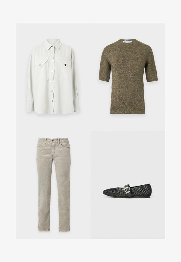 Pull en tricot à manches courtes, vert olive, avec un motif texturé et un col arrondi, présentant des détails côtelés sur les manches et l'ourlet.; Chemise blanche à manches longues avec deux poches poitrine à rabat et boutons-pression métalliques, présentée sur un fond uni.; Pantalon slim gris clair avec cinq poches, passants pour ceinture et fermeture par bouton, présenté sur fond blanc.; Ballerines à bout pointu en résille noire, dotées d'un talon plat et d'une bride à boucle autour de la cheville ; surface texturée avec un motif tissé.