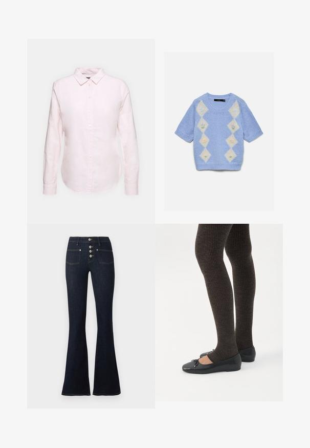 Lyseblå kortærmet strikketrøje med cremefarvede diamantmønstre ned langs fronten, hver med små blomsterdesign i pastelfarver.; Lyserød langærmet skjorte med button-down krave, der har en lige kant og blød tekstur, lavet af letvægts bomuldsstof.; Mørkeblå højttaljede flare jeans med fire-knaps frontlukning og to forlommer, vist mod en hvid baggrund.; Ben iført mørke ribbede leggings kombineret med sorte balletsko med små sløjfedetaljer på hvid baggrund.