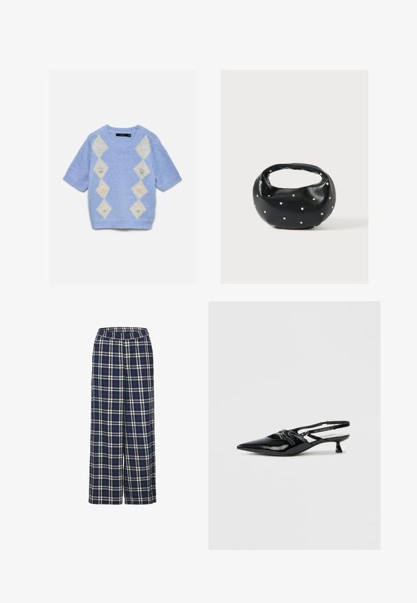Jersey de punto azul claro de manga corta con patrones de diamantes crema en la parte delantera, cada uno con pequeños diseños florales de colores pastel.; Pantalones de pierna ancha en patrón de cuadros azul marino con líneas blancas y negras. Presentan una cintura elástica y una textura de tela suave.; Zapato slingback de charol negro con puntera puntiaguda, tacón pequeño de bloque y correa ajustable con detalles recortados y acentos de logotipo.; Bolso de mano de cuero negro con forma redondeada, decorado con detalles de tachuelas plateadas y un asa corta. Textura lisa y cierre con cremallera.