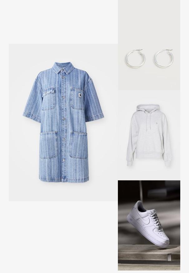 Carhartt WIP HOODED CASEY - Sweat à capuche - ash heather/silver; Robe chemise en denim bleu clair avec des rayures verticales, manches courtes, deux poches poitrine et un petit patch logo. Fermeture par boutons à l'avant.; Baskets Nike Air Force 1 blanches lévitant au-dessus d'une surface en béton avec des ombres dans un cadre minimaliste.; Paire de boucles d'oreilles créoles moyennes argentées brillantes avec de fines attaches métalliques sur un fond clair et neutre.
