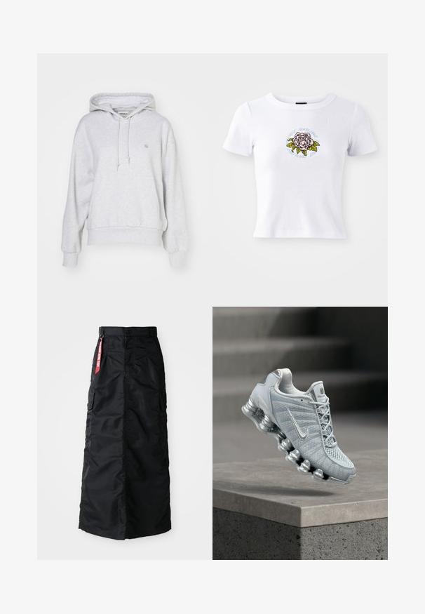 Carhartt WIP HOODED CASEY - Jersey con capucha - ash heather/silver; Camiseta blanca de manga corta con diseño ajustado, que presenta un gráfico de rosa bordado centrado y texto circular alrededor de la flor.; Falda larga negra con botones y cremallera en el frente, bolsillos laterales tipo cargo y una etiqueta de tela roja "Retirar antes del vuelo" en la cinturilla.; Zapatilla de running Nike de color gris claro con suela acolchada tipo muelle flotando sobre un borde de hormigón, fondo con escaleras desenfocadas.