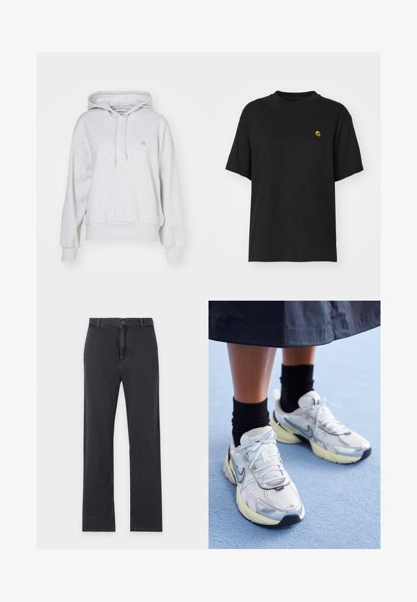 Carhartt WIP HOODED CASEY - Hættetrøje - ash heather/silver; Sort bomulds T-shirt med en afslappet pasform. Har en rund halsudskæring og korte ærmer. Inkluderer et lille guld broderet logo på brystet.; Straight-leg sorte jeans med forreste knap- og lynlåslukning, bæltestropper og klassisk fem-lommer design, lagt fladt på hvid baggrund.; Hvide og sølv Nike sneakers med mesh-stof, reflekterende detaljer og en beige sål. Bæres med sorte sokker og står på en blå overflade.