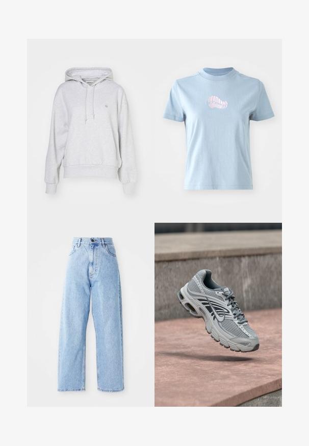 Carhartt WIP HOODED CASEY - Hættetrøje - ash heather/silver; Lyseblå bomulds T-shirt med korte ærmer og høj halsudskæring, prydet med et lille pink broderet skaldesign på forsiden.; Højhalset lysblå denimjeans med lige vide ben, frontknap, lynlås lukning samt front- og baglommer.; Lys grå og hvid Nike løbesko med mesh-design, svævende over en stenet overflade udendørs.